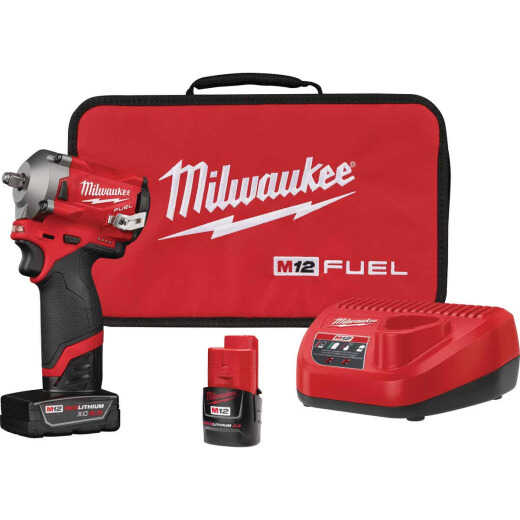 Milwaukee M12 FUEL Brushless 3/8 In. Stubby Cordless Impact Wrench Kit with (1) 4.0 Ah Battery, (1) 2.0 Ah Battery & Charger